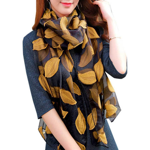 WOMENS LEAF PATTERN LIGHTWEIGHT SHEER WRAP ORGANZA GAUZE SCARF