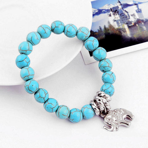 ELEPHANT LUCKY CHARM NATURAL STONE STRETCHY BRACELET