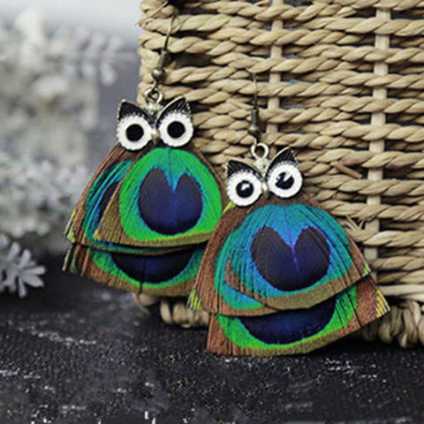 TRUE PEACOCK FEATHER PENDANT OWL EARRINGS