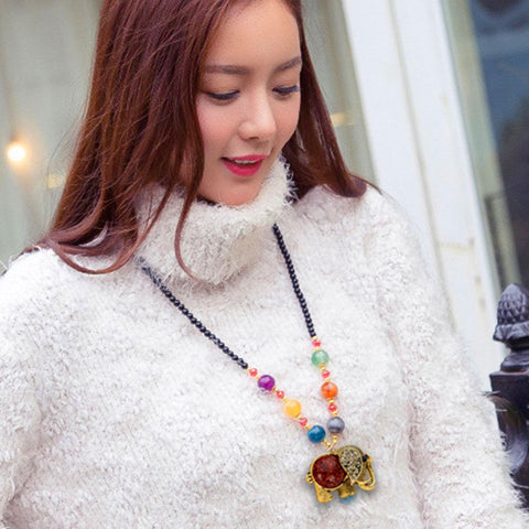ELEPHANT DESIGN LONG SWEATER CHAIN RHINESTONE PENDANT NECKLACE